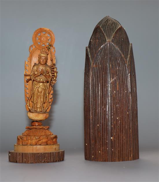 A Japanese portable shrine, the case carved as a bamboo shoot